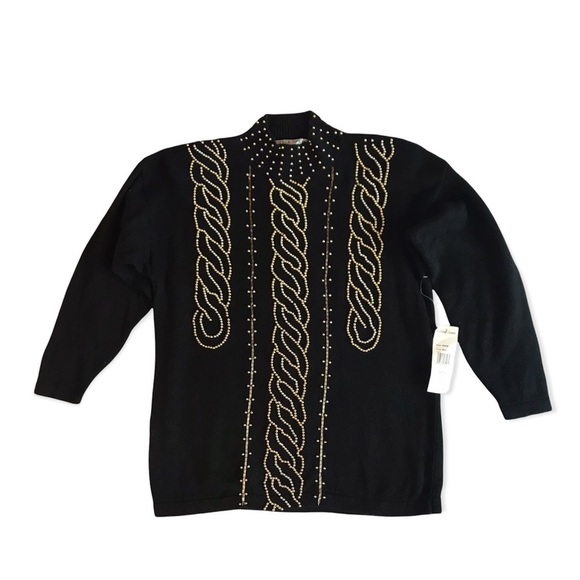 Vintage 80s NEW Womens Beaded Sweater Black Gild Silver Beads Large EMBELLISHED - Picture 1 of 8